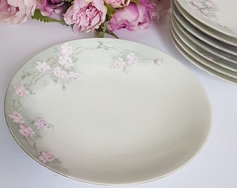 Vintage T&V Limoges Hand-Painted Porcelain Dinner Plates: Pink Roses on Pastel Green