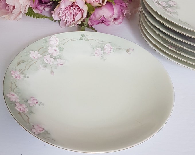 Limoges Hand Painted Porcelain Dinner Plates, Pink Roses on Pastel Green, T&V Limoges, PER PLATE