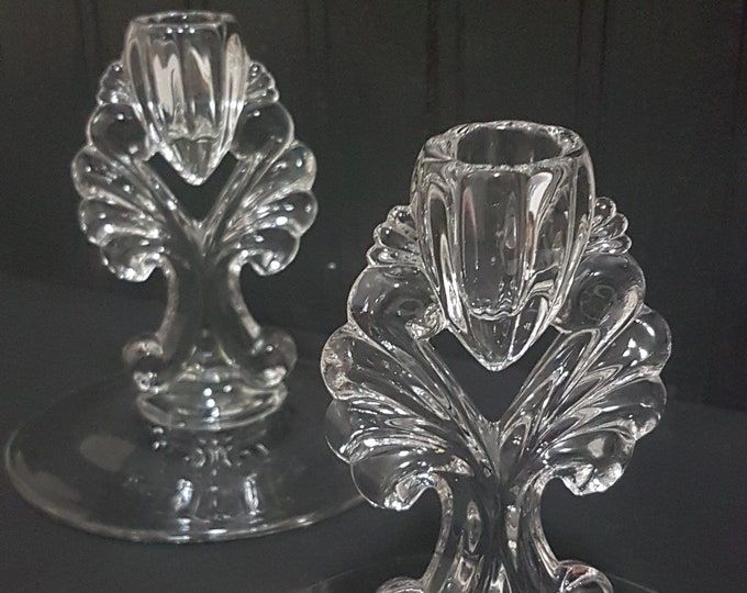 Fostoria Glass Candlesticks, 5.5" Tall Clear Glass Taper Candle Holders, Vintage Glass Home Decor