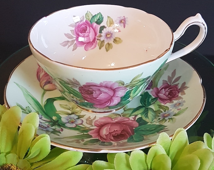 Tea Cup & Saucer, Vintage Royal Stuart, Pink Rose on Pale Green, Spring Flowers, Tulip Iris Peony, Wide Mouth, High Handle, England, 1950s