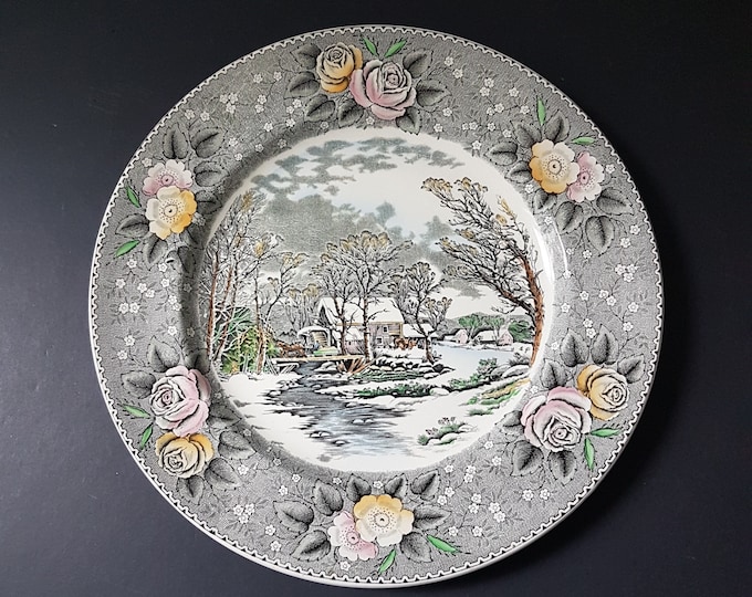 Winter Scenes, Winter in the Country, The OLD GRIST MILL, Transferware 10.5 Inch Ironstone Dinner Plate, William Adams Pottery England