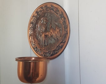 Coppercraft Guild Wall Plaque with Small Plant Pot, Hunting Scene, Hunter with Dog, Vintage Repousse Copper Wall Decor