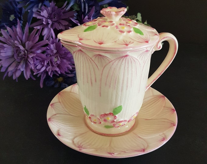 Hand Painted, Japanese Ceramic Cream Jug with Lid, Vintage Murahon Ware, Majolica Pink Flower, Cream Pitcher with Underplate,  Circle K Mark