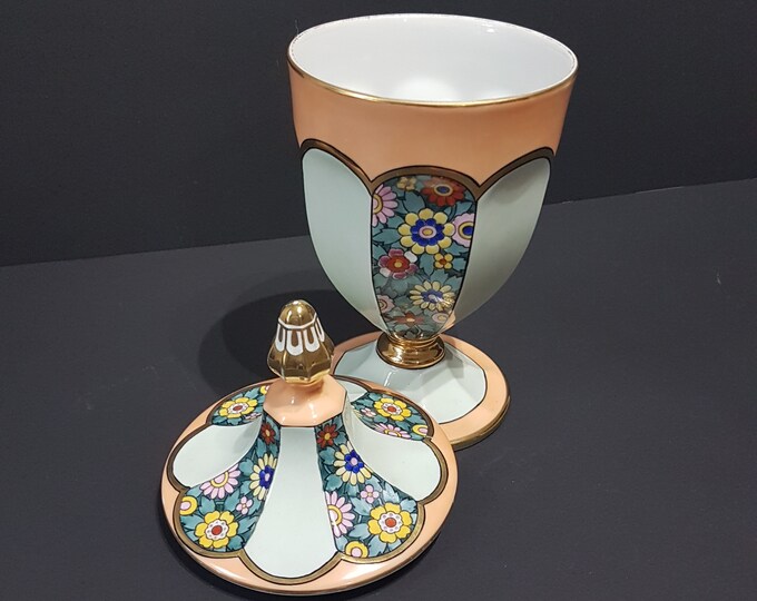 Hand Painted Porcelain Jar, Morimura Bros Japan, Pedestal Jar with Peaked Lid, Candy Ginger Jar, Tobacco Weed Jar