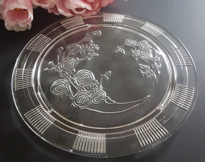 Depression Glass Round Cake Plate, Federal Glass SHARON or CABBAGE ROSE, 1930s