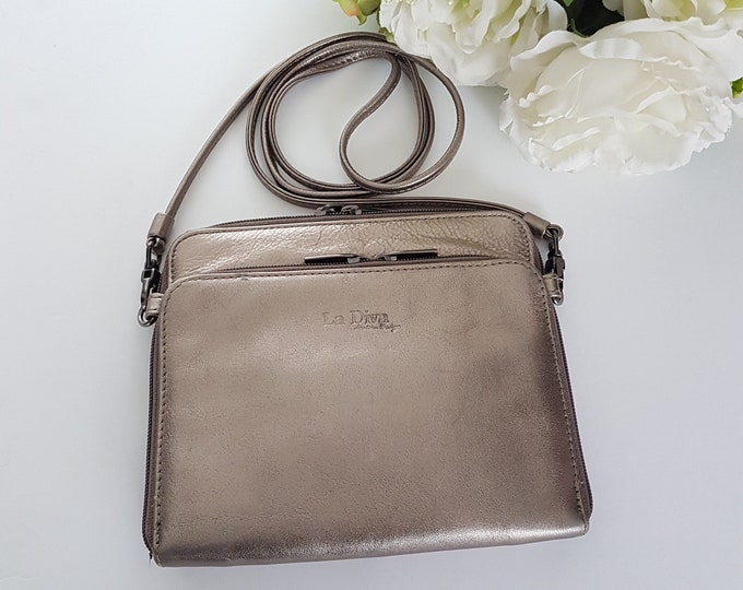 LA DIVA Italian Leather Crossbody Bag, Silver Metallic Leather Bag