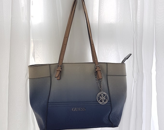 Vintage GUESS Blue Tote Bag, Monogram Pattern, Shoulder Bag, Zipper Closure