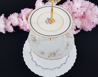 3 Tier Cake Stand, Mismatched Floral Plates, by Royal Doulton, Aynsley, Weatherby, Mothers Day, Tea Party