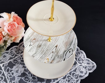 3 Tier Cake Stand, Off White Porcelain with Gold Wood Grain Accent Plate, Tea Party, Serving Tray