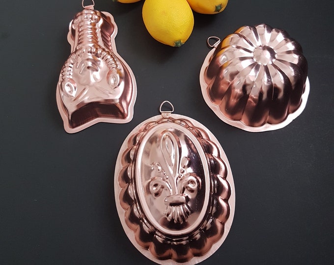 Copper Kitchen Molds, Vintage Copper Fleur de Lis, Lobster, Dome Gelatin Molds, French Country Kitchen, Wall Hanging Molds, Hong Kong