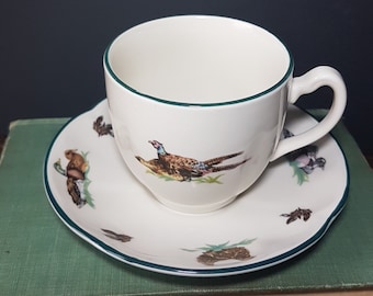 BROOKSHIRE Tea Cup and Saucer, Ducks Pheasants Birds, Vintage Johnson Brothers Earthenware, Made in England, 1990s