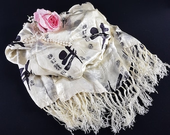 Vintage 100% Silk Scarf with Chinese Calligraphy Characters, Silk Shoulder Wrap