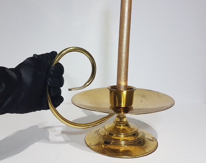 Brass Candle Holder, Extra Large Brass Chamberstick, Vintage Taper Candle, Candlestick Holder, Pig Tail Handle, Brass Centerpiece