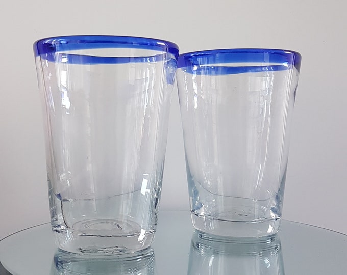 Mexican Blown Glass 16oz Pint Glass, Blue Band Rim, Set of 2