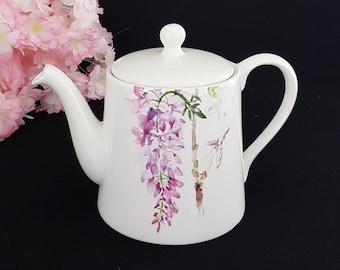 Vintage Skye McGhie DELPHINIUM Teapot, Purple Floral Fine Porcelain Tea Pot, Cottagecore Decor