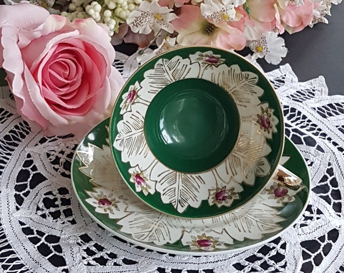 Tea Cup & Saucer, Vintage Porcelain, Dark Green, Pink Roses, Hand Decorated Japan, 1950s