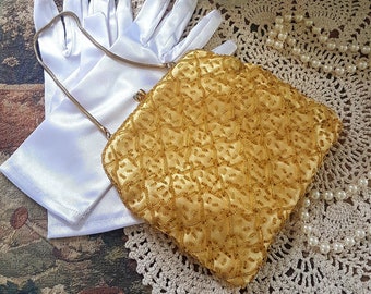 MCM Beaded Gold Evening Bag, Converts to Clutch, by Goldco Hong Kong, Kiss Lock at Top with Rhinestones