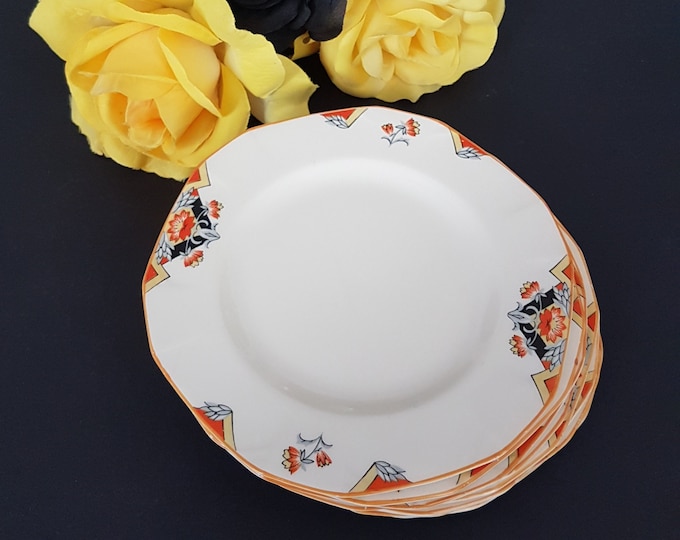 Art Deco Plates, Alfred Meakin Marigold BALMORAL, Princess Shape, 6.5 Inch Side Plates, Orange Yellow Flowers