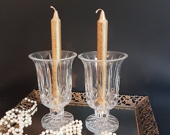 Crystal Candle Holders with Hurricane Shade, Set of 2, Tall & Heavy, 7" Vintage Cut Crystal Taper Candlestick Holders