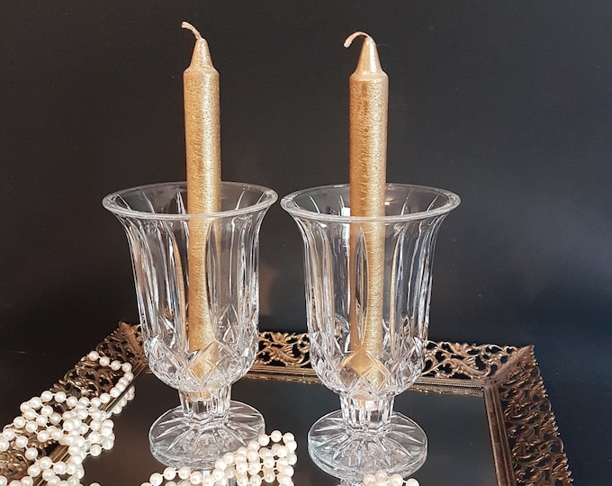 Crystal Candle Holders with Hurricane Shade, Set of 2, Tall & Heavy, 7" Vintage Cut Crystal Taper Candlestick Holders