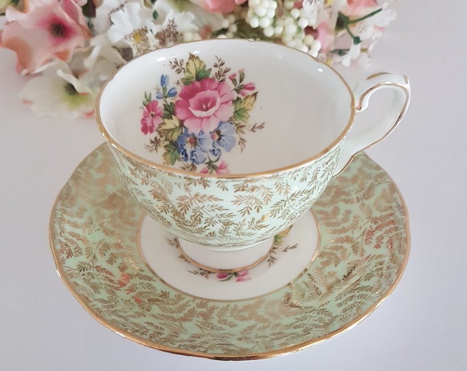 Tea Cup and Saucer, Vintage Royal Stafford, Gold Gilt Chintz, Pattern 1842, English Bone China, 1940s