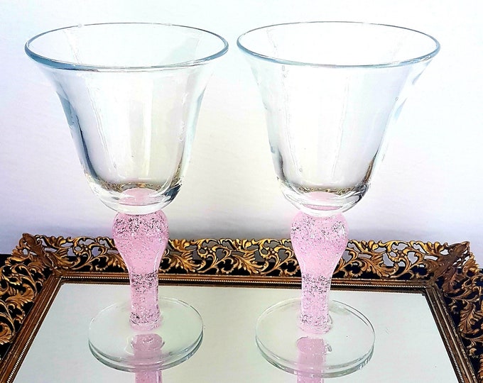 12oz Blown Glass Goblets, Set of 2 Artland Iris Vintage Wine Glasses, Pink Bubble Thick Teardrop Stem, Clear Flare Bowls