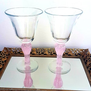 12oz Blown Glass Goblets, Set of 2 Artland Iris Vintage Wine Glasses, Pink Bubble Thick Teardrop Stem, Clear Flare Bowls