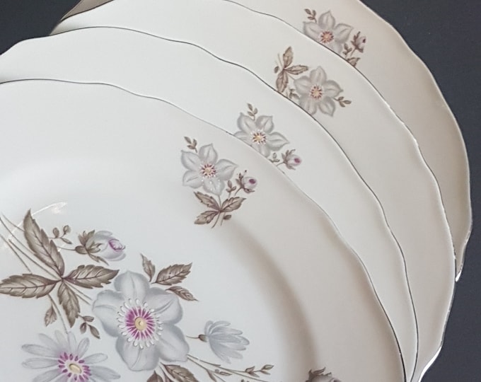 Dessert Plates, Set of 4, Silver Gray Flower, Platinum Edge, Vintage 7 Inch Plates, Franconia-Krautheim Selb Bavaria Germany
