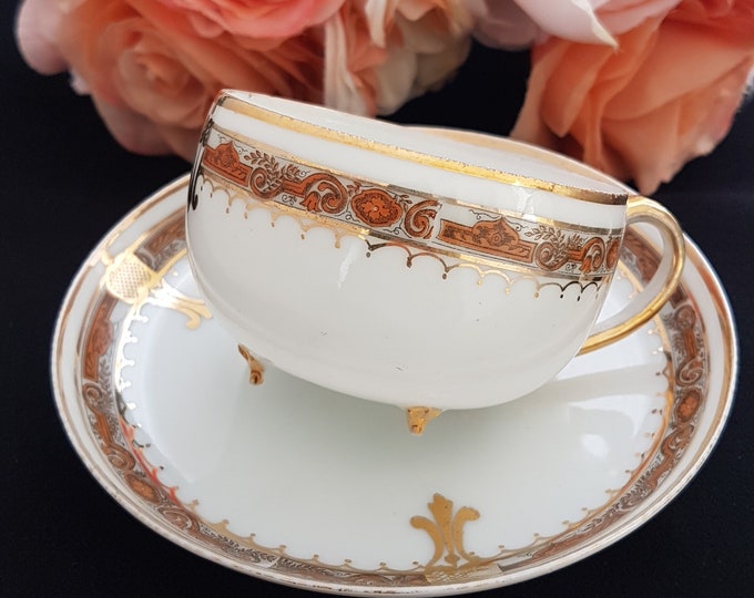 Hand Painted Tea Cup and Saucer, Vintage Eggshell Porcelain, Footed Tea Cup on 4 Little Feet, Made in Japan