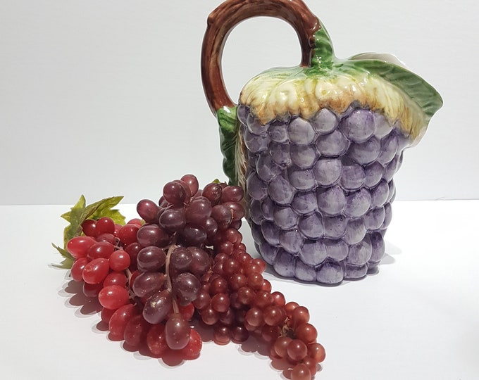 Vintage Majolica Style Ceramic Grape Pitcher, Hand Painted, 48 oz Ceramic Ewer Jug, Made in Portugal - FREE Shipping