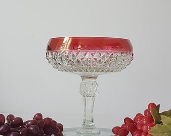 Indiana Glass TIARA Compote with Ruby Red Flashing, Vintage Clear Diamond Point Pedestal Bowl with Red Band, Christmas Table Centerpiece