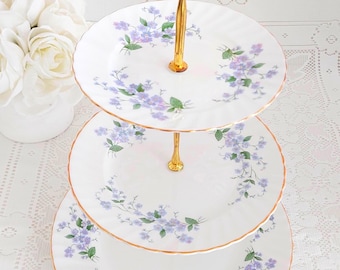 Royal Adderley Forget-Me-Not 3 Tier Bone China Cake Stand Blue Floral Dessert Stand