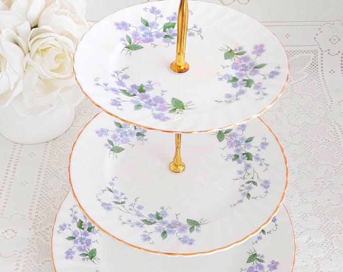 Royal Adderley Forget-Me-Not 3 Tier Bone China Cake Stand Blue Floral Dessert Stand