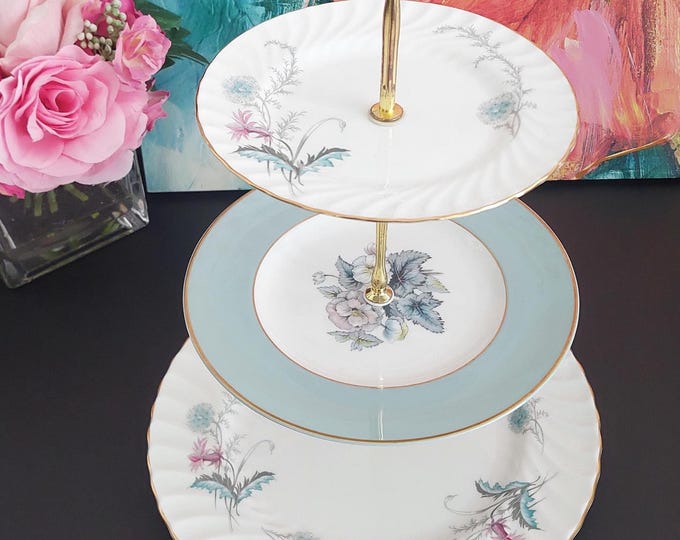 Handmade Blue White 3-Tier Mismatched English Bone China Cake Stand Dessert Server