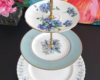 Blue White Bone China 3 Tier Cake Stand Wedding Dessert Serving Tray