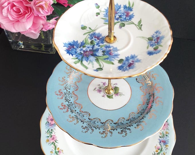 Bone China 3 Tiered Cake Stand Blue White Wedding Dessert Serving Tray