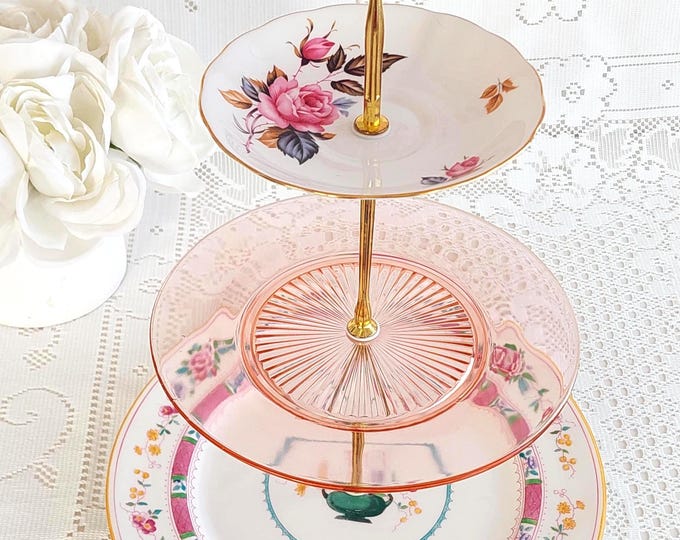 3 Tier Cake Stand Bone China Pink Glass Tiered Dessert Server