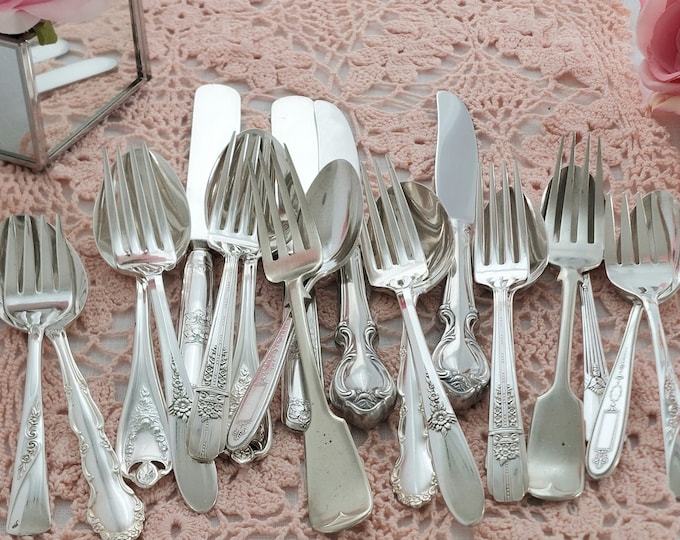 Mismatched Silver Plate, 5pc Place Setting for 4, Dessert Fork, Dinner Fork, Dinner Knife, Soup Spoon, Teaspoon