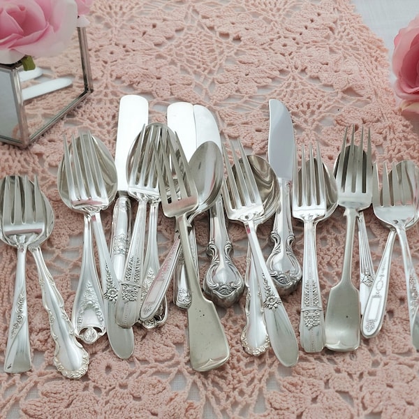 Mismatched Silver Plate, 5pc Place Setting for 4, Dessert Fork, Dinner Fork, Dinner Knife, Soup Spoon, Teaspoon