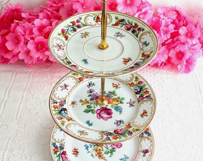Vintage Schumann Bavaria 3 Tier Cake Stand Dresden Flowers Porcelain Tea Tray