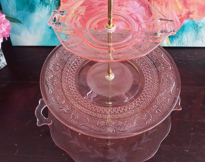 3 Tier Pink Depression Glass Cake Stand Vintage Cupcake Dessert Tray Afternoon Tea Party Wedding Centerpiece