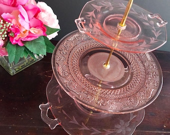 3 Tier Pink Depression Glass Cake Stand Cupcake Dessert Tray Wedding Centerpiece