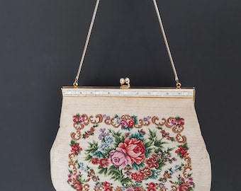 Vintage Petit Point Floral Tapestry Evening Bag, 1950s Needlepoint Clutch