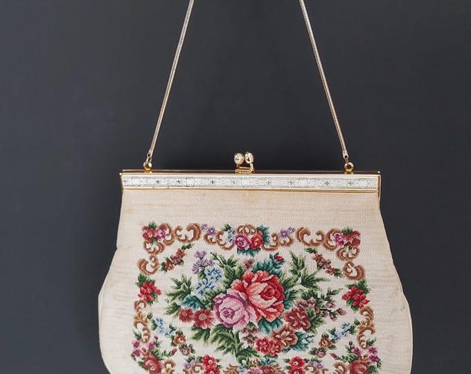 Vintage Petit Point Floral Tapestry Evening Bag, 1950s Needlepoint Clutch