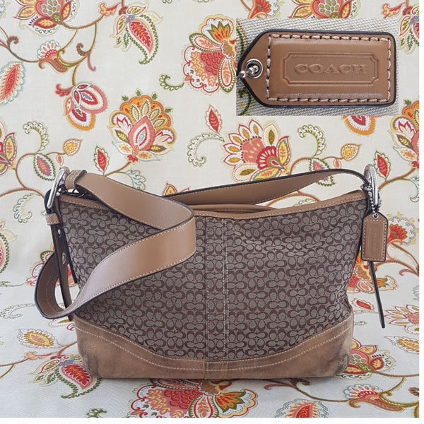 Vintage COACH Tan Monogram Shoulder Bag, Leather Suede Trim, Adjustable Shoulder Strap, COACH J0732-F10945