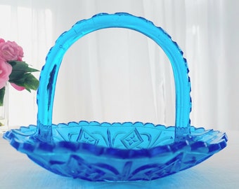 Vintage Blue Glass Basket with Handle, Turquoise Blue Pressed Glass