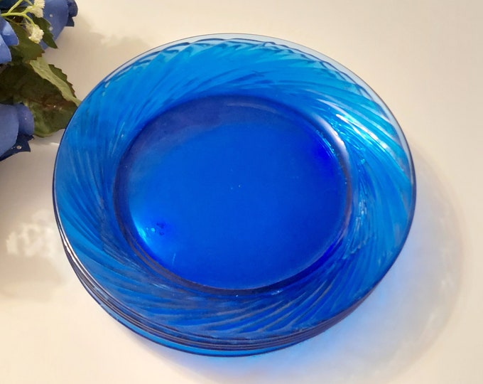 Blue Glass Plates, Pyrex FESTIVA Coblat Blue, 7.5 Inch Salad Side Plates, Set of 5, Corelle Coordinates