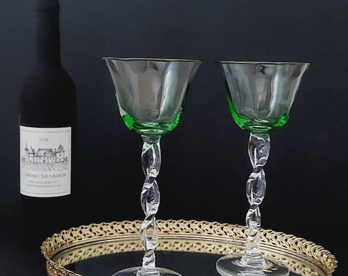 Green Wine Glasses with Hand Blown Glass Clear Twisted Stem, 9.5 Inch Tall, Wedding Housewarming Gift for Couple