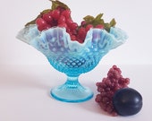 Fenton Blue Opalescent Hobnail Glass with Crimped Edge, Silvercrest Pedestal Bowl, Ruffled Edge, Collectible Vintage Art Glass, 1950s