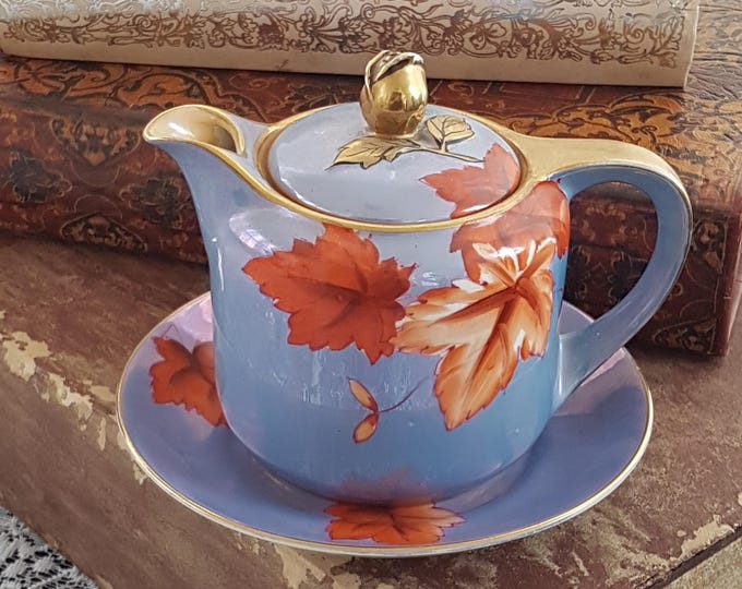 Vintage Noritake Porcelain One Cup Teapot and Saucer with Hand Painted Orange Leaf on Blue
